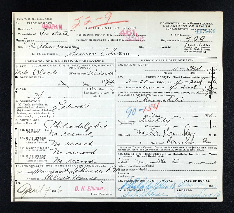 Death certificate for Simon Chism, who died at the Dauphin County Almshouse.